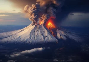 Foto aérea de un volcán en erupción