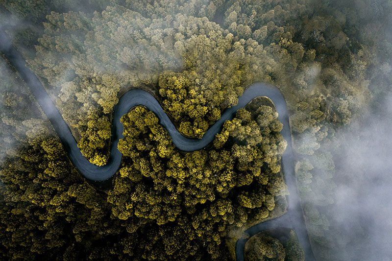 Fotografía aérea de una carretera en medio de un bosque y nubes